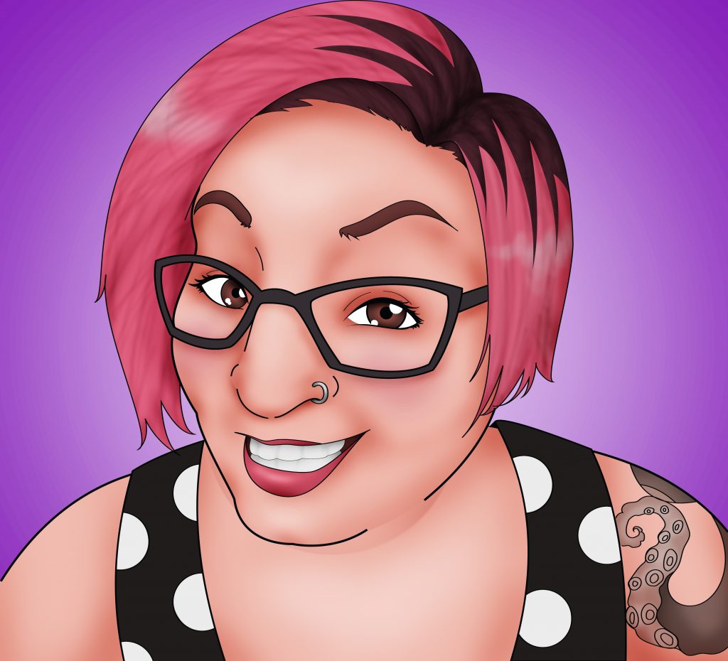 Elia Avatar: illustration of a smiling, pink-haired woman with glasses
