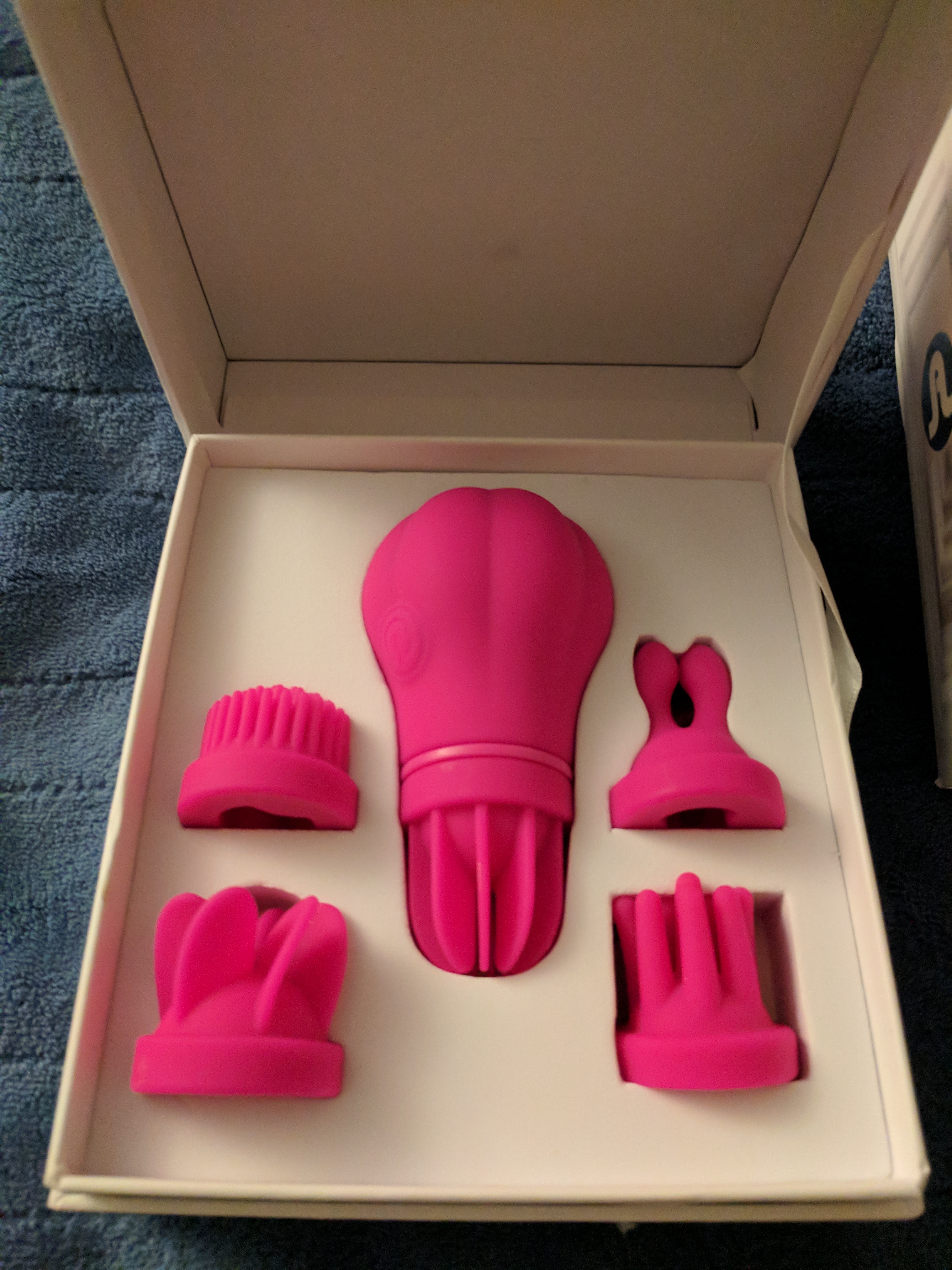 Inside the Caress box, showing the toy and all five attachment heads