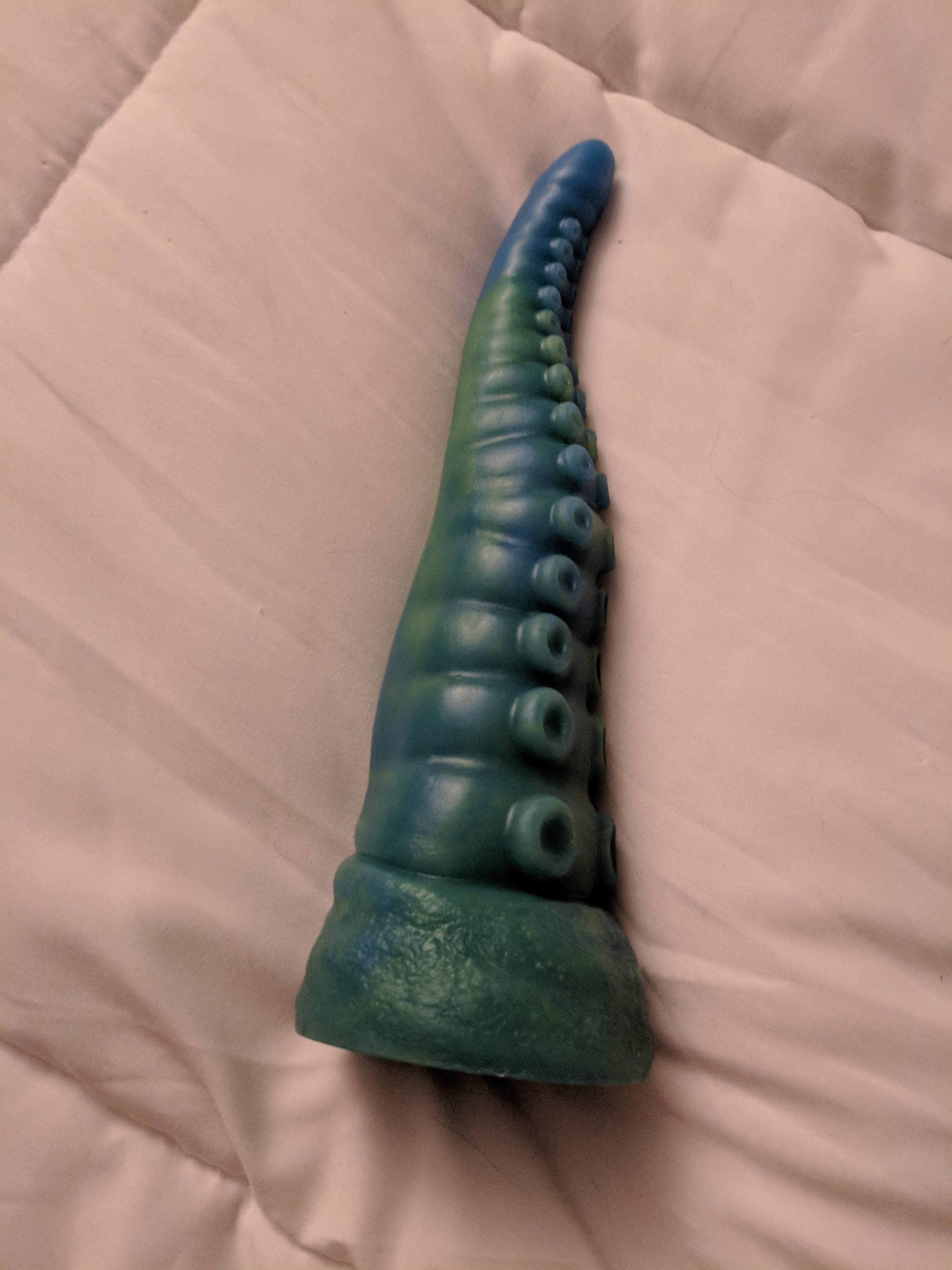Tentacle dildo on bed, showing its tapered tip and wide base with suction cups along its length