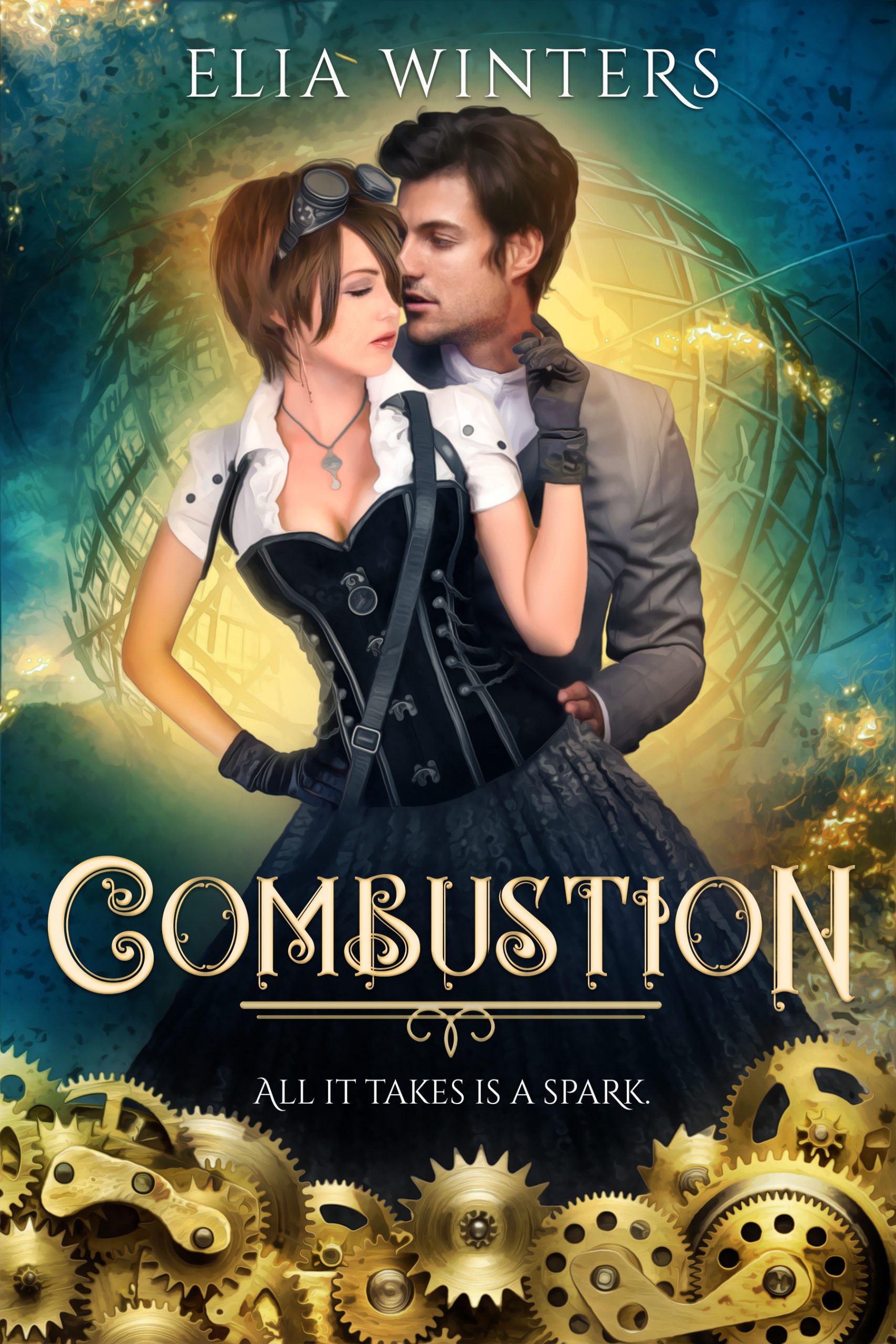 Book cover for combustion, with a man and woman in a clinch against a stylized steel globe and gears
