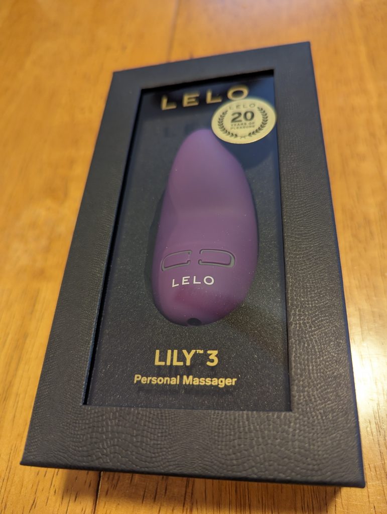 Lelo Lily 3 in black box as described, angled artfully 