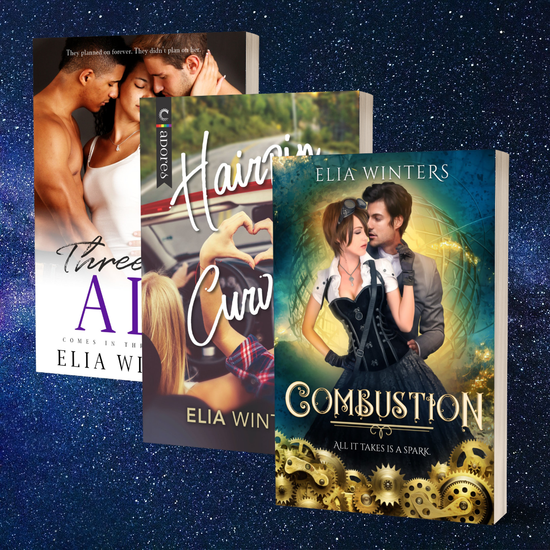 Image of three book covers: Combustion, Hairpin Curves, and Three for All